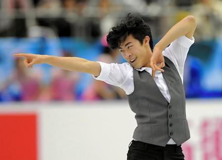 男子ＳＰ　フィニッシュを決めるネーサン・チェン＝マリンメッセ福岡（撮影・堀内翔）