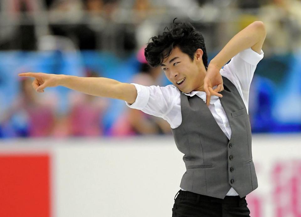 男子ＳＰ　フィニッシュを決めるネーサン・チェン＝マリンメッセ福岡（撮影・堀内翔）