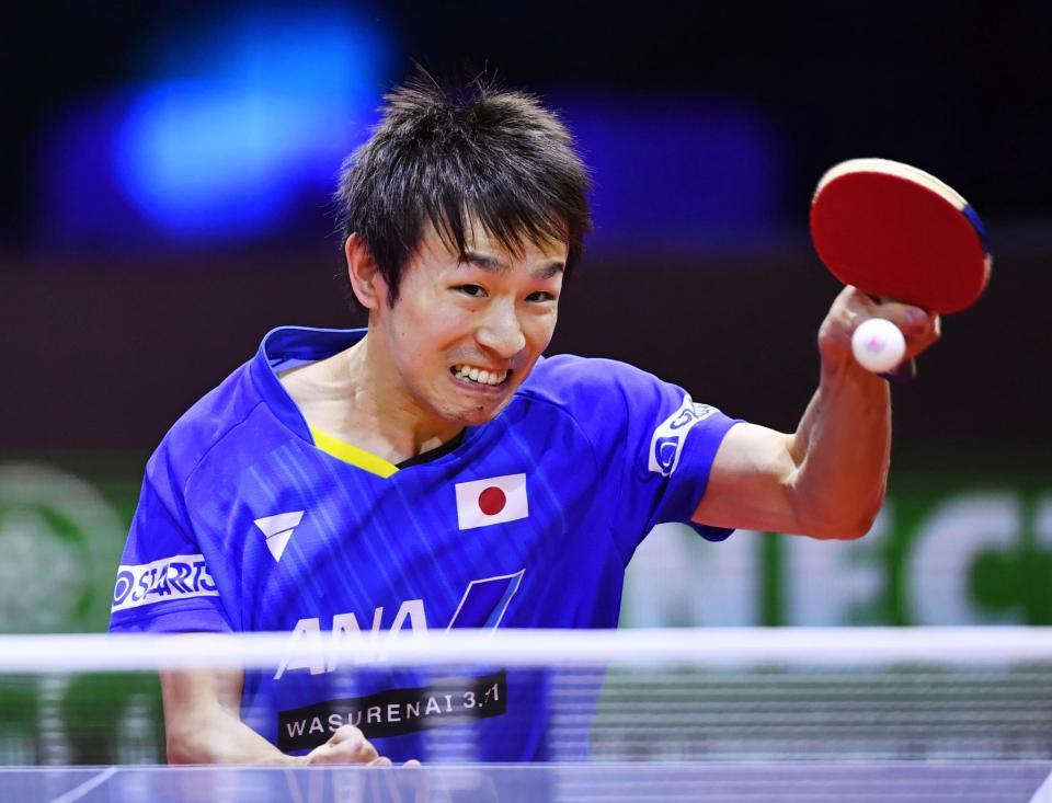 　準々決勝でプレーする丹羽孝希＝ブダペスト（共同）