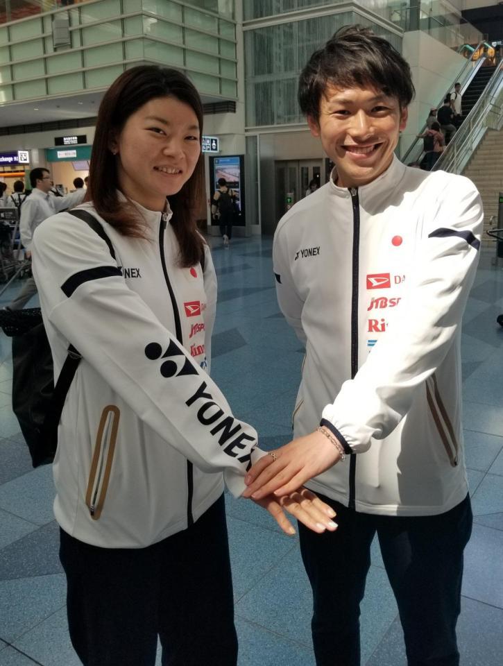 　スディルマン杯に向けて意気込む主将の嘉村健士（右）と副主将の高橋礼華