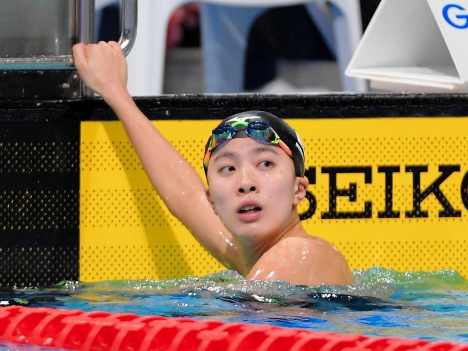 女子５０ｍバタフライ予選を終えた大橋悠依＝東京辰己国際水泳場（撮影・堀内翔）