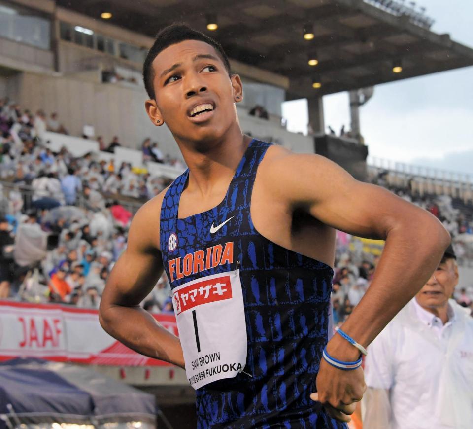 男子２００ｍ予選を走り終えたサニブラウン＝福岡市博多の森陸上競技場（撮影・堀内翔）