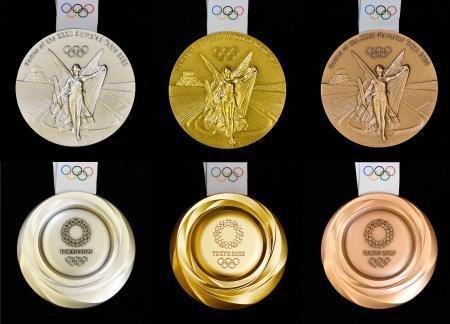 　２０２０年東京五輪の（左から）銀、金、銅の各メダル。表（上）にはギリシャ神話の勝利の女神ニケが描かれ、裏は立体的にうずが巻いているような形状をしている
