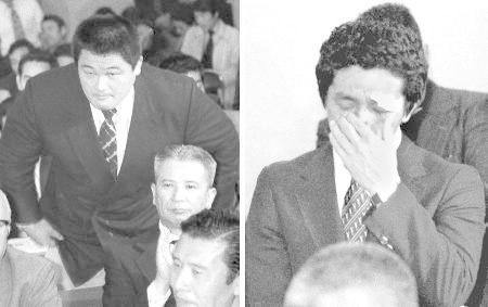 　１９８０年４月、モスクワ五輪ボイコット問題で、参加を訴える柔道の山下泰裕選手（左）、レスリングの高田裕司選手＝東京・岸記念体育会館