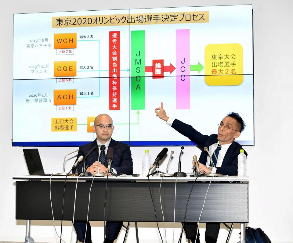 　従来の五輪選手選考について説明する日本山岳・スポーツクライミング協会の安井強化委員長（左）と合田常務理事＝都内