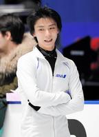 公式練習を行った羽生結弦＝代々木第一体育館（撮影・中田匡峻）