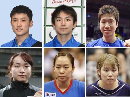 　卓球東京五輪代表を発表　（上段左から）張本智和、丹羽孝希、水谷隼（下段左から）伊藤美誠、石川佳純、平野美宇
