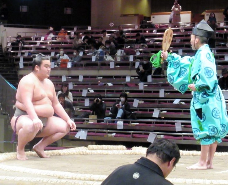 勝ち名乗りを受ける朝阪神