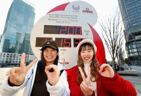 　東京パラリンピック開幕まで２００日となり、ＪＲ東京駅前に設置された「カウントダウンクロック」の前で写真に納まる女性ら＝７日午後、東京・丸の内