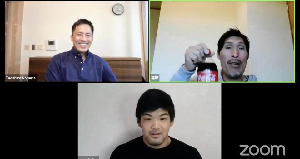 オンラインでトークを行った（左上から時計回りで）野村忠宏氏、篠原信一氏、大野将平