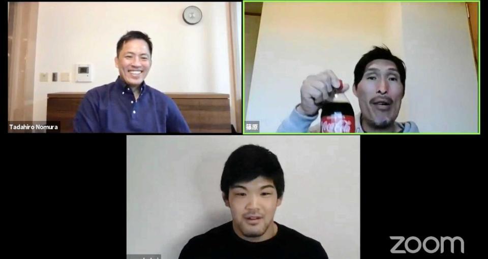 　オンラインでトークを行った（左上から時計回りで）野村忠宏氏、篠原信一氏、大野将平