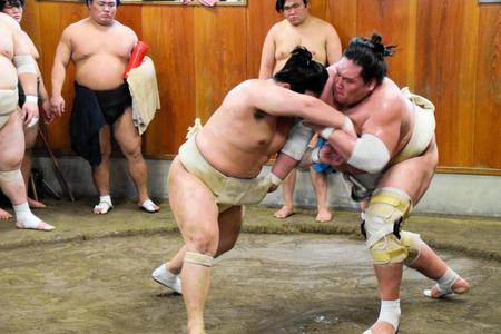 関取衆の申し合いで右を差す照ノ富士（右）＝日本相撲協会提供