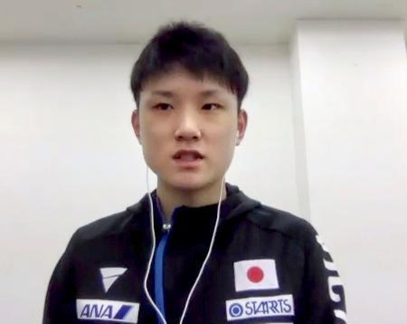 　オンラインで取材に応じる卓球男子で東京五輪代表の張本智和＝２５日