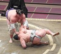 　北勝富士を上手投げで破る照ノ富士（撮影・金田祐二）