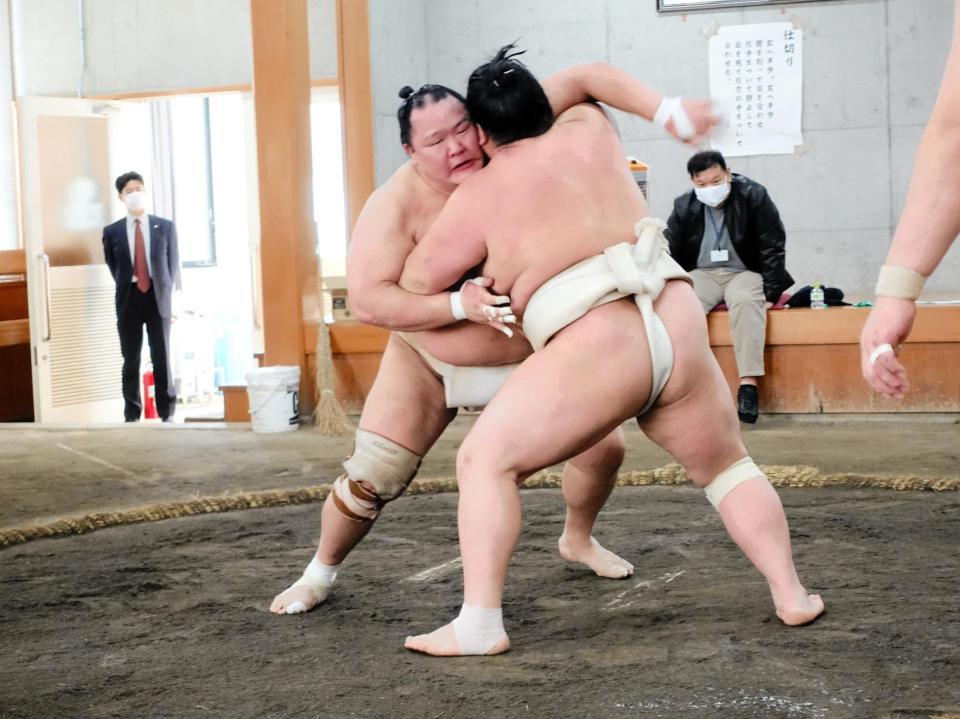 阿武咲（右）を右からのおっつけで攻める北勝富士（代表撮影）