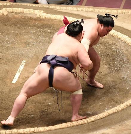 大栄翔（後方）を突き落としで破った阿武咲＝両国国技館（撮影・開出牧）