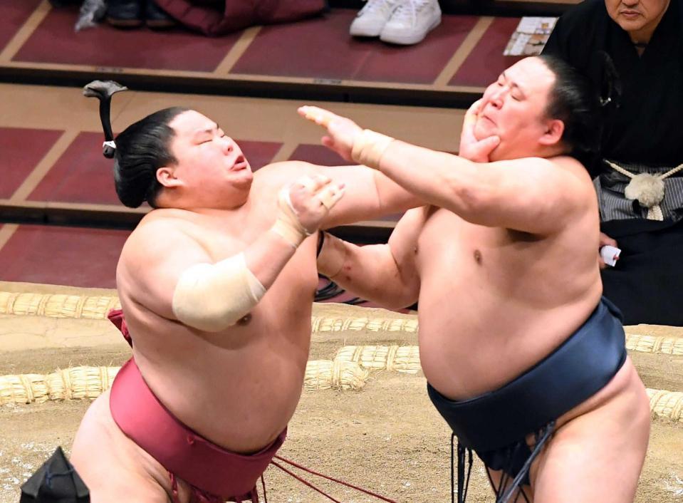 　玉鷲（右）を下し、２敗を守った大栄翔（撮影・佐藤厚）