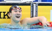 男子２００メートル平泳ぎ決勝で日本記録にわずかに届かず苦笑いする佐藤翔馬（撮影・堀内翔）