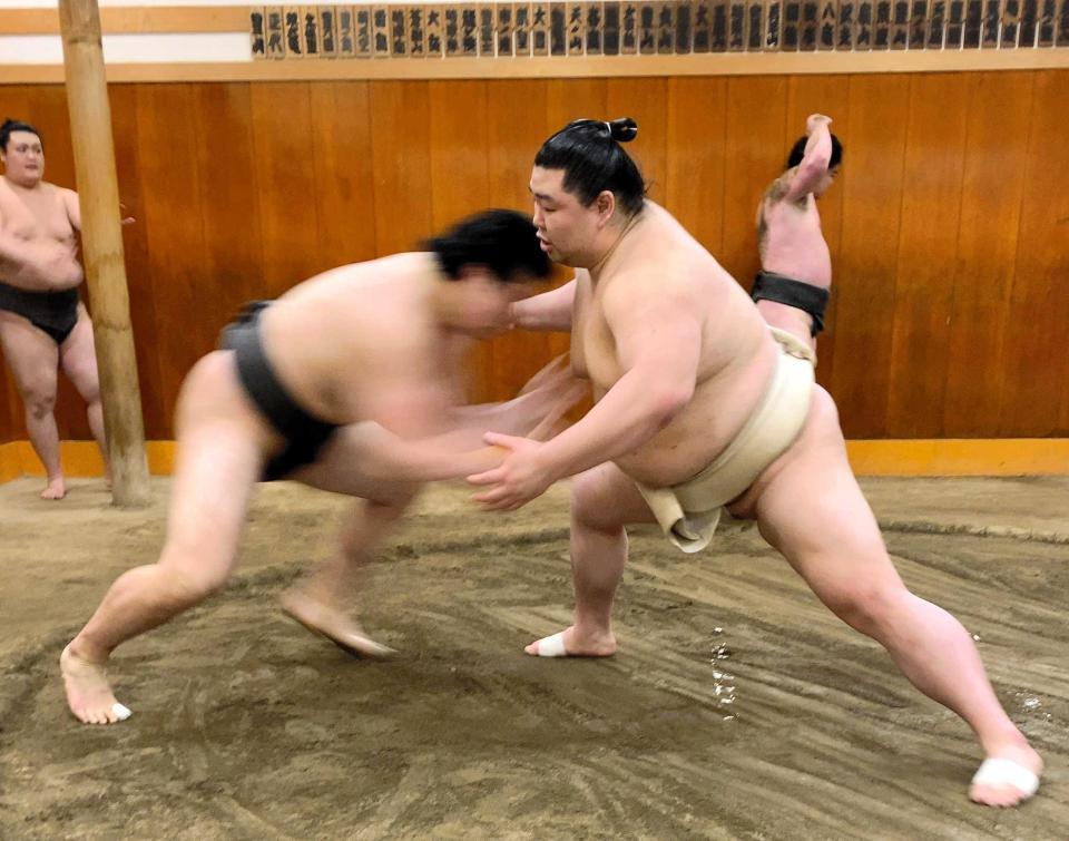 　若い衆のぶつかり稽古に胸を出す正代（右）＝日本相撲協会提供