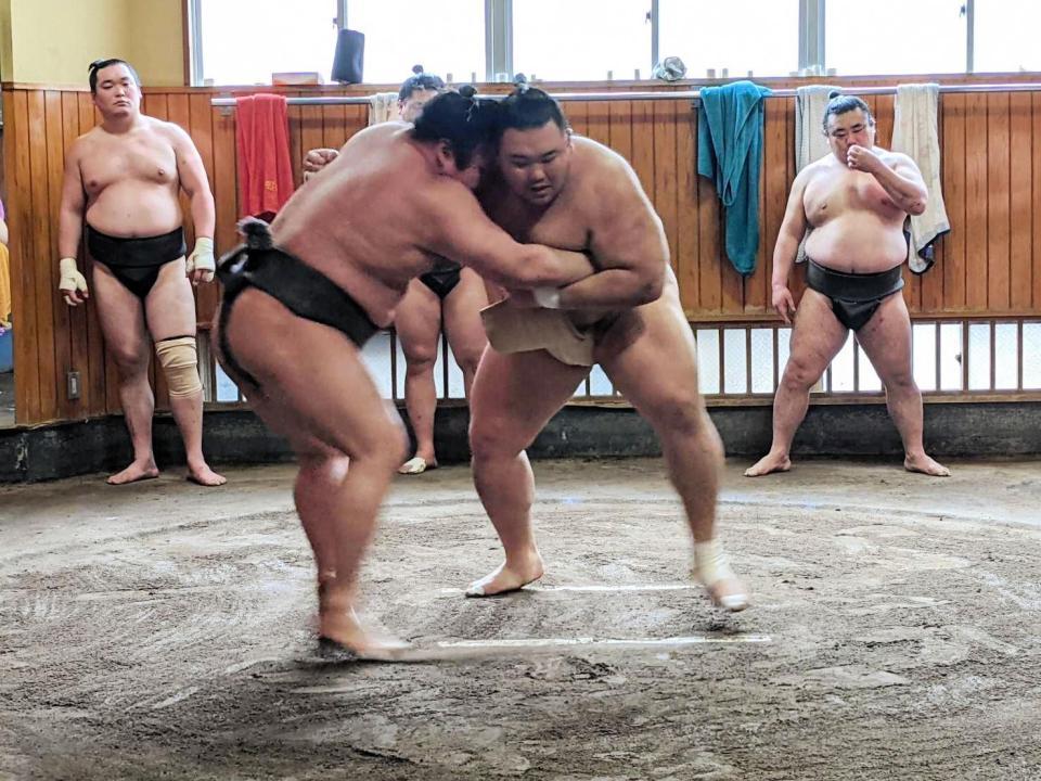 若い衆相手に相撲を取る朝乃山（右）＝日本相撲協会提供
