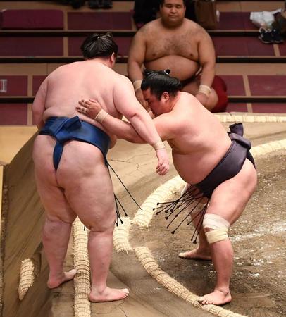 　逸ノ城（左）を万全の寄り切りで退け５連勝の妙義龍（撮影・園田高夫）