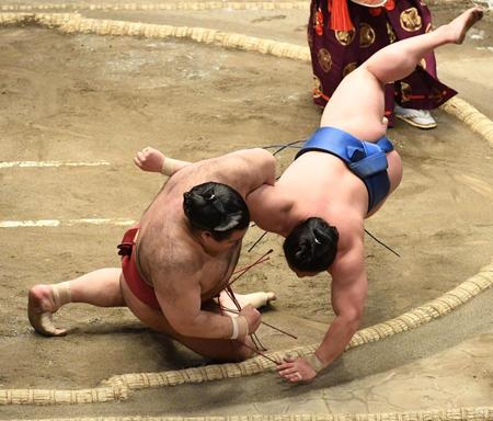 　若隆景（右）に寄り倒しで敗れた高安（撮影・開出牧）