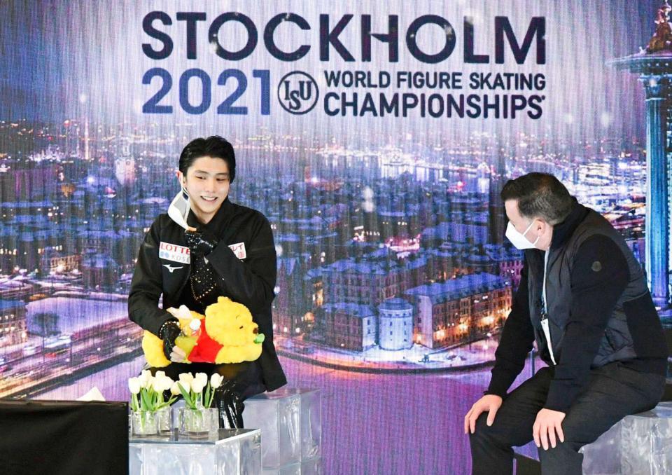 　演技を終え得点を待つ羽生結弦（ＡＰ＝共同）