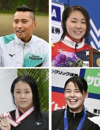 　左上から時計回りに競泳の東京五輪代表に決まった塩浦慎理、白井璃緒、池本凪沙、増田葵