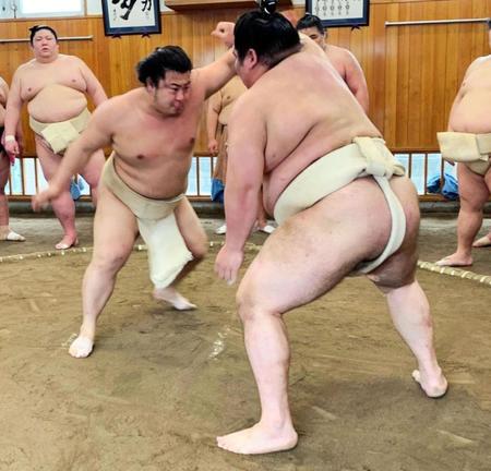 大奄美（右）と相撲を取る翔猿（日本相撲協会提供）