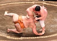 　幕内の土俵に上がった宇良がすくい投げで魁聖（左）を破る（撮影・園田高夫）