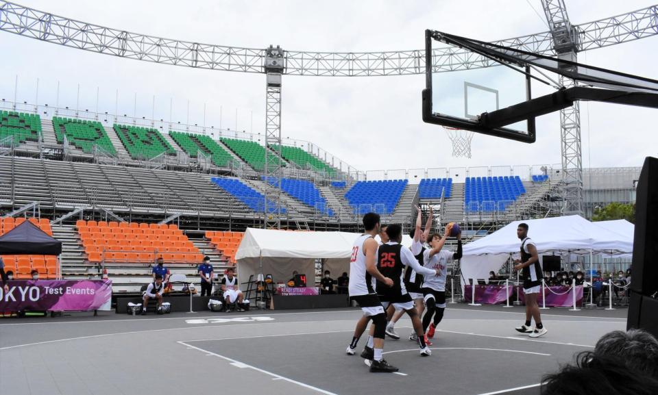 　３人制バスケットボールのテスト大会が行われる青海アーバンスポーツパーク。本番では上に屋根が設置される予定