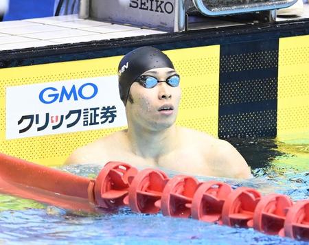 　２００メートル背泳ぎ予選をトップで通過した萩野公介（撮影・高石航平）