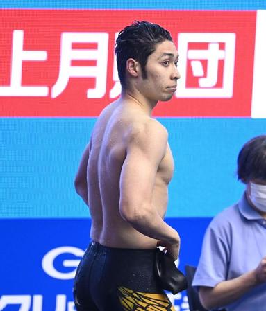 　２００メートル背泳ぎ予選をトップで通過した萩野公介（撮影・高石航平）