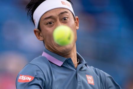 　男子シングルス準々決勝でロイド・ハリスと対戦する錦織圭＝ワシントン（ＵＳＡトゥデー・ロイター＝共同）