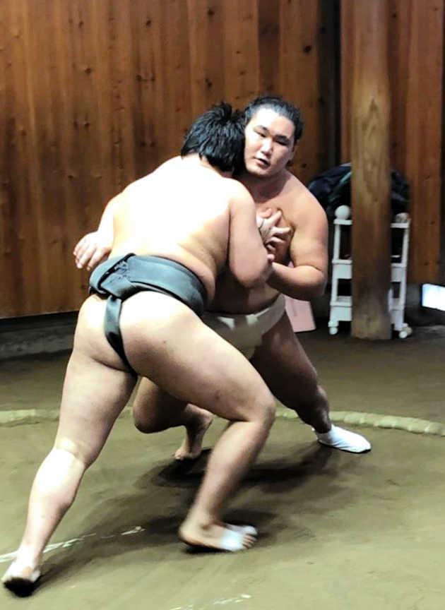 　若い衆に胸を出す豊昇龍（奥）＝日本相撲協会提供