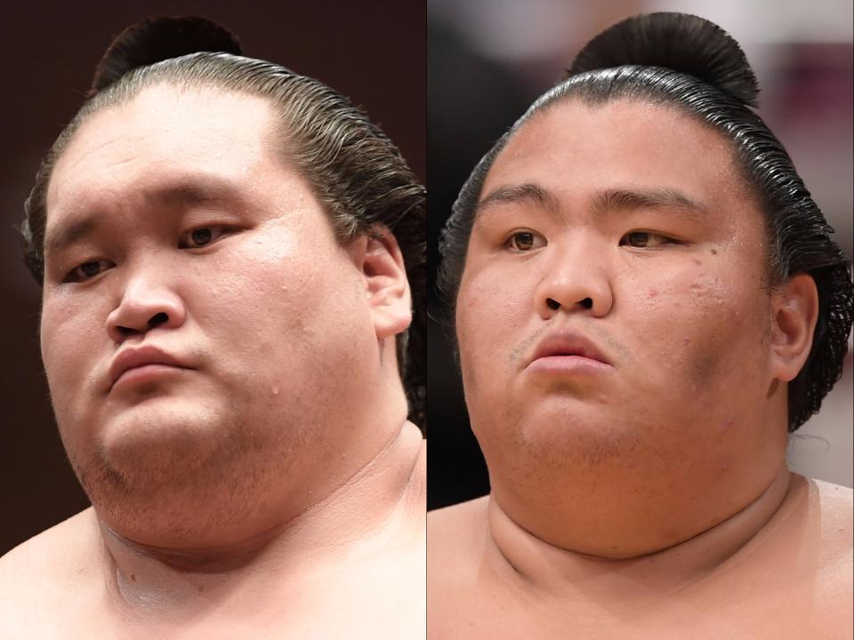 　照ノ富士（左）と御嶽海