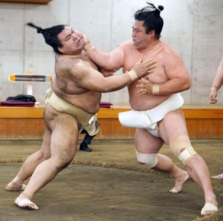 　合同稽古で高安（左）と相撲を取る妙義龍＝両国国技館の相撲教習所