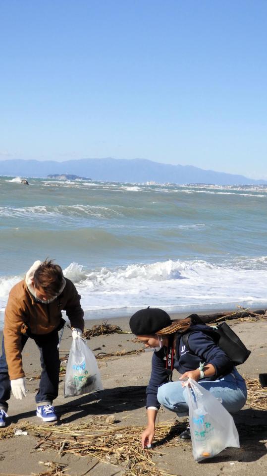 　ビーチクリーン活動を行う（左から）大原洋人、大原沙莉＝神奈川県葉山町
