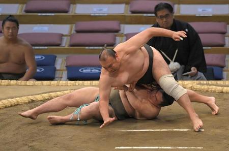 　我妻桜（下）に勝利する華吹（撮影・高部洋祐）