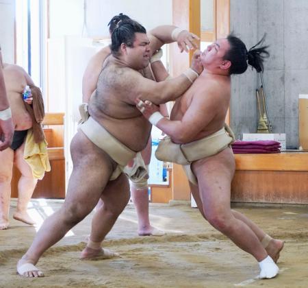 　合同稽古で豊昇龍（右）を攻める高安＝両国国技館の相撲教習所