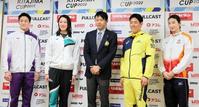 　北島康介杯へ向け会見を行った（左から）佐藤翔馬、大橋悠依、北島康介氏、本多灯、池江璃花子