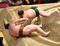 　寄り倒しで佐田の海に敗れた王鵬（左）＝撮影・出月俊成