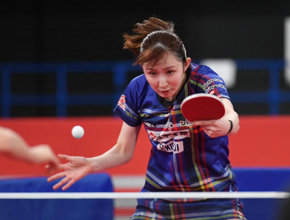 　女子シングルス準決勝進出を決めた早田ひな（撮影・佐々木彰尚）