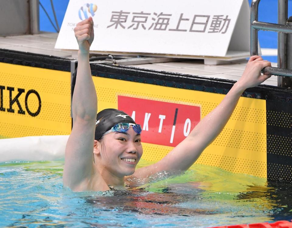 　女子１００ｍ平泳ぎ決勝で日本新記録を出した青木玲緒樹（撮影・伊藤笙子）