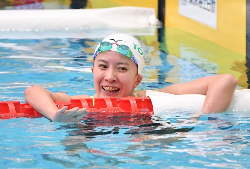 　女子２００ｍ個人メドレー決勝で２位に入り、笑顔を見せる大橋悠依（撮影・伊藤笙子）