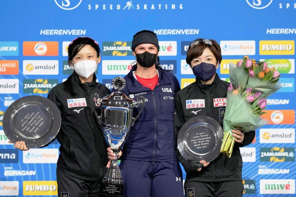 　女子１０００メートルの種目別総合で２位だった高木美帆（左）と３位の小平奈緒（右）（ＡＰ＝共同）