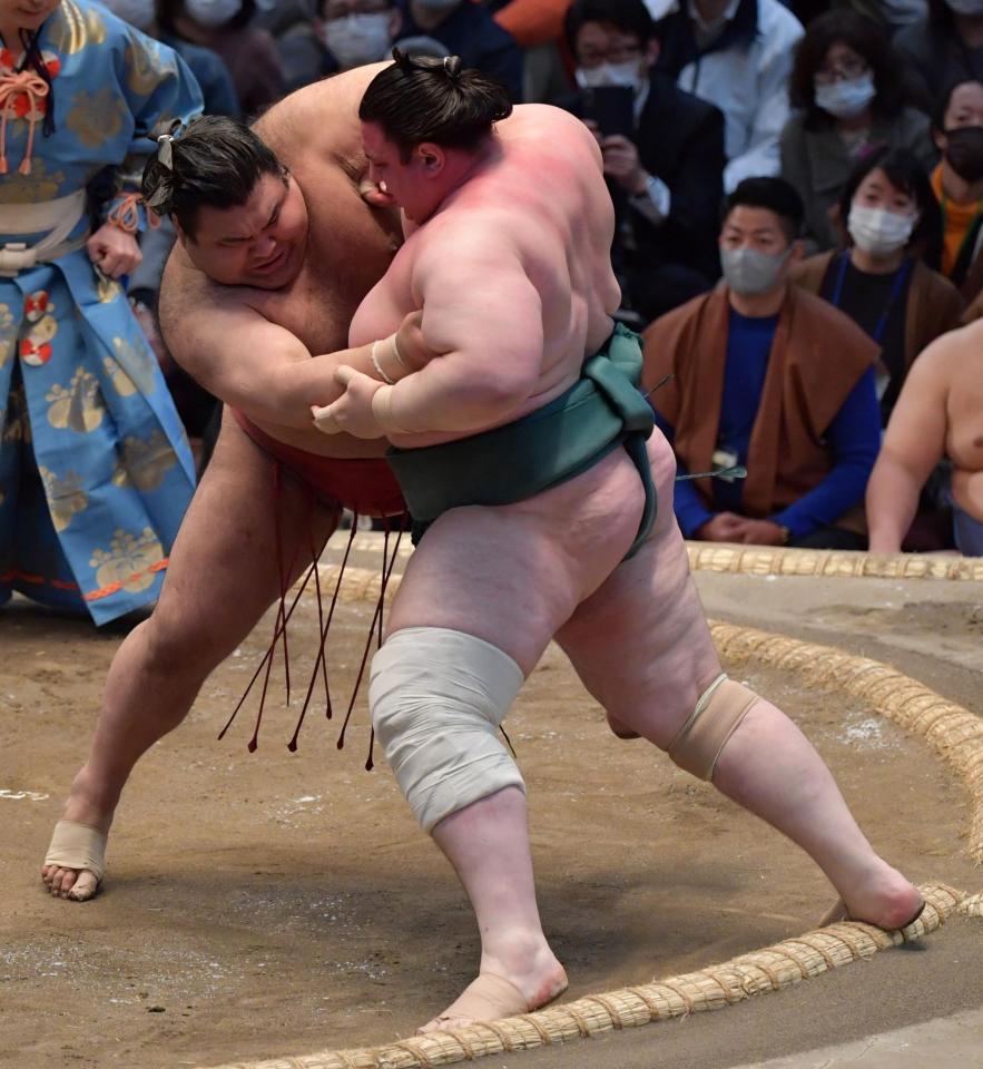 　碧山を押し出す高安（撮影・神子素慎一）