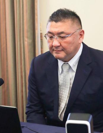 　日本相撲協会の新理事となり、オンラインで記者会見する伊勢ノ海親方＝３０日、東京都内（同協会提供）
