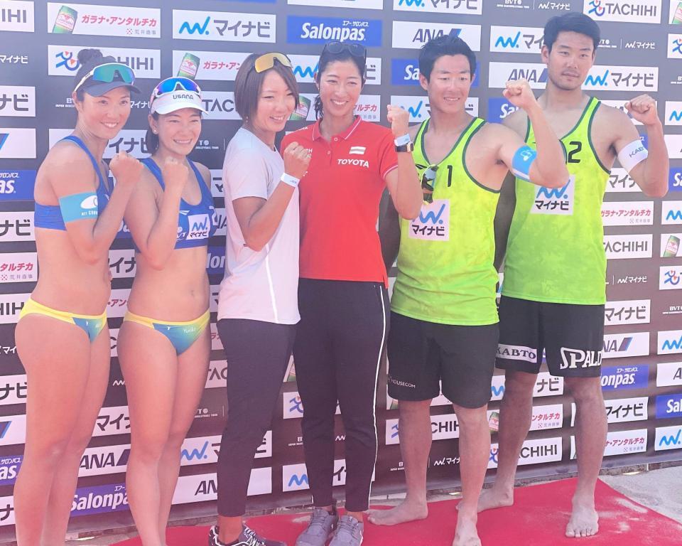 　アジア大会代表に内定した左から長谷川暁子、坂口由里香、石井美樹、溝江明香、庄司憲右、池田隼平＝ＴＡＣＨＩＨＩ　ＢＥＡＣＨ