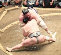 　北勝富士を極め倒しで下す照ノ富士（撮影・金田祐二）
